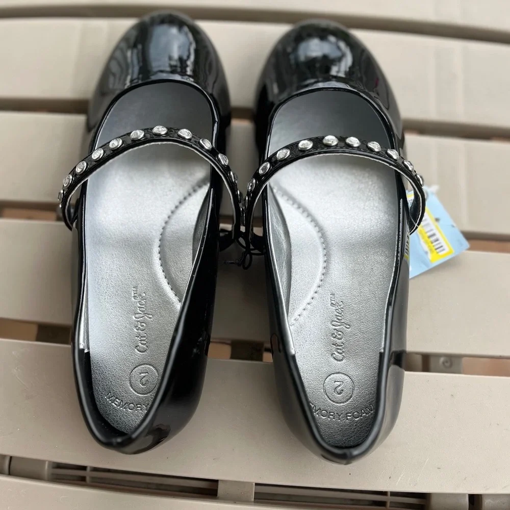 Cat & Jack Brooke Girls Black Patent Rhinestone Mary Jane Flats Size 2 NEW